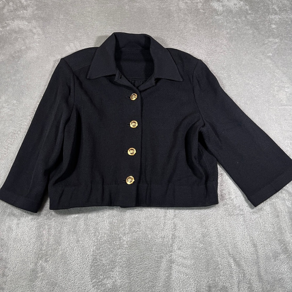 St. John Santana Knit Blazer Jacket Women Medium Black Collard Gold ButtonCareer